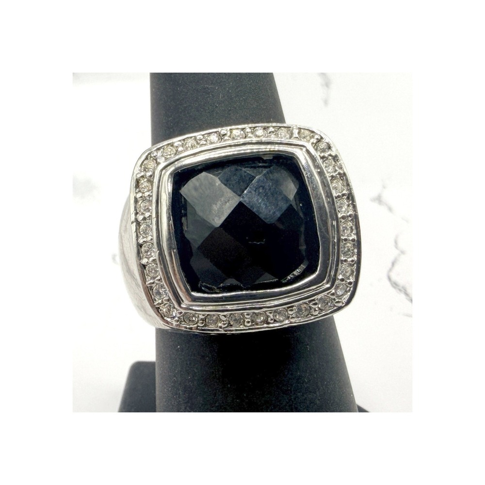 Black Unisex‎ Faceted Glass Ring Silver Tone Size 8 New Wide Band Dark Academia